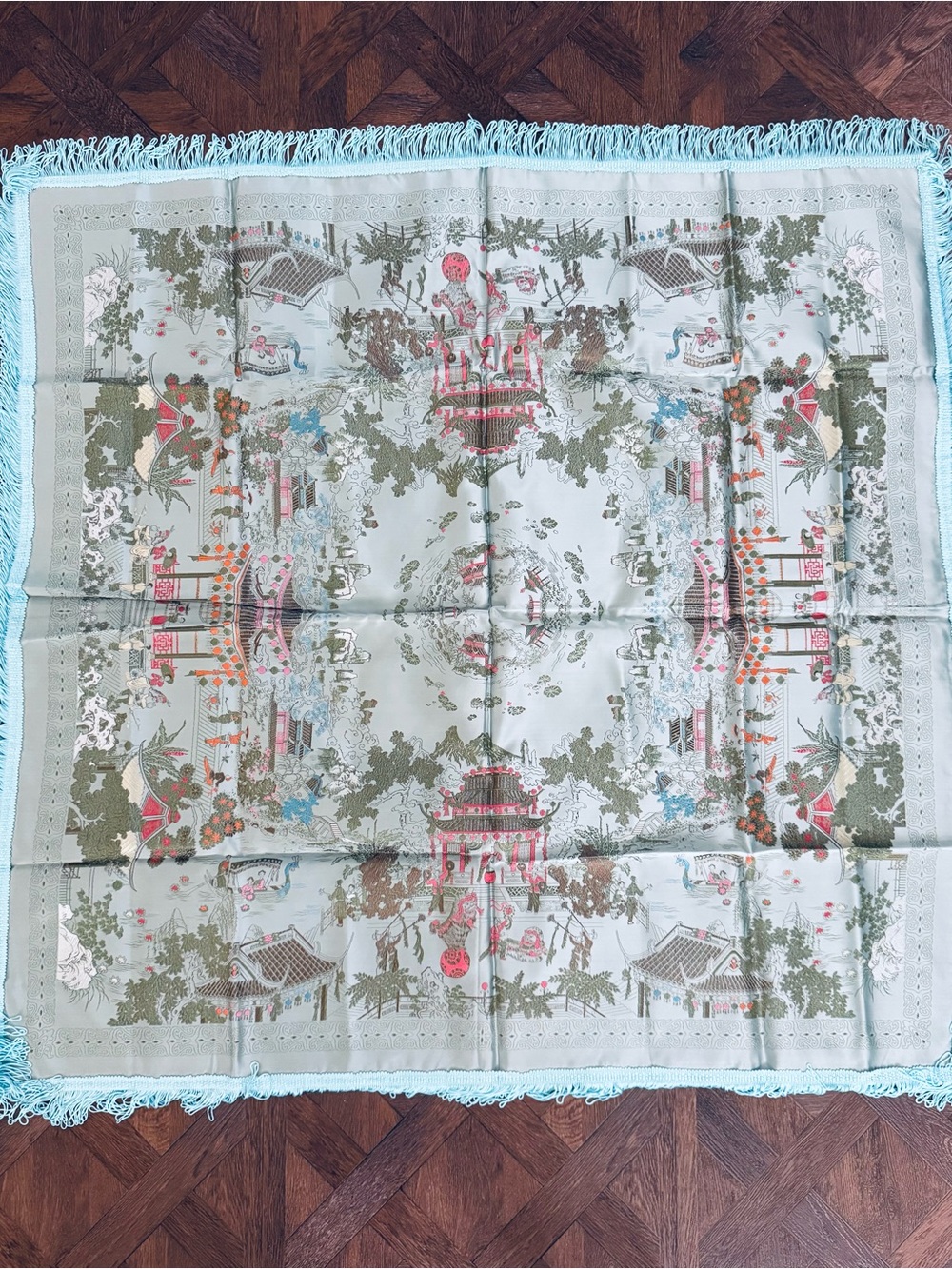 Chinese Woven Silk Decorative Light Blue Fringe Table Cloth
